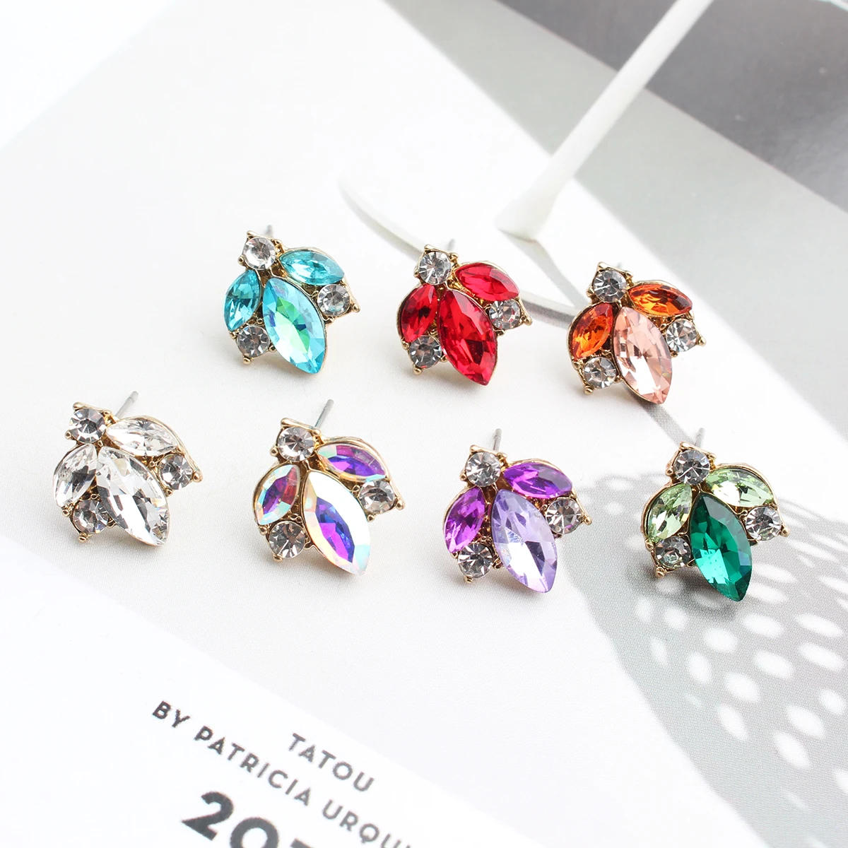 Fashion Rhinestone Inlaid Colorful Crystal Stone Women Girl Piercing Earrings Gold Color Piercing Earrings Christmas Gift