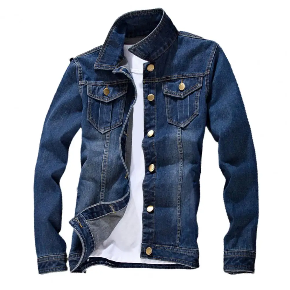 Popular Men Jeans Coat Solid Color Temperament Turndown Collar Buttons Jeans Jacket  Retro Male Denim Coat for Daily Wear