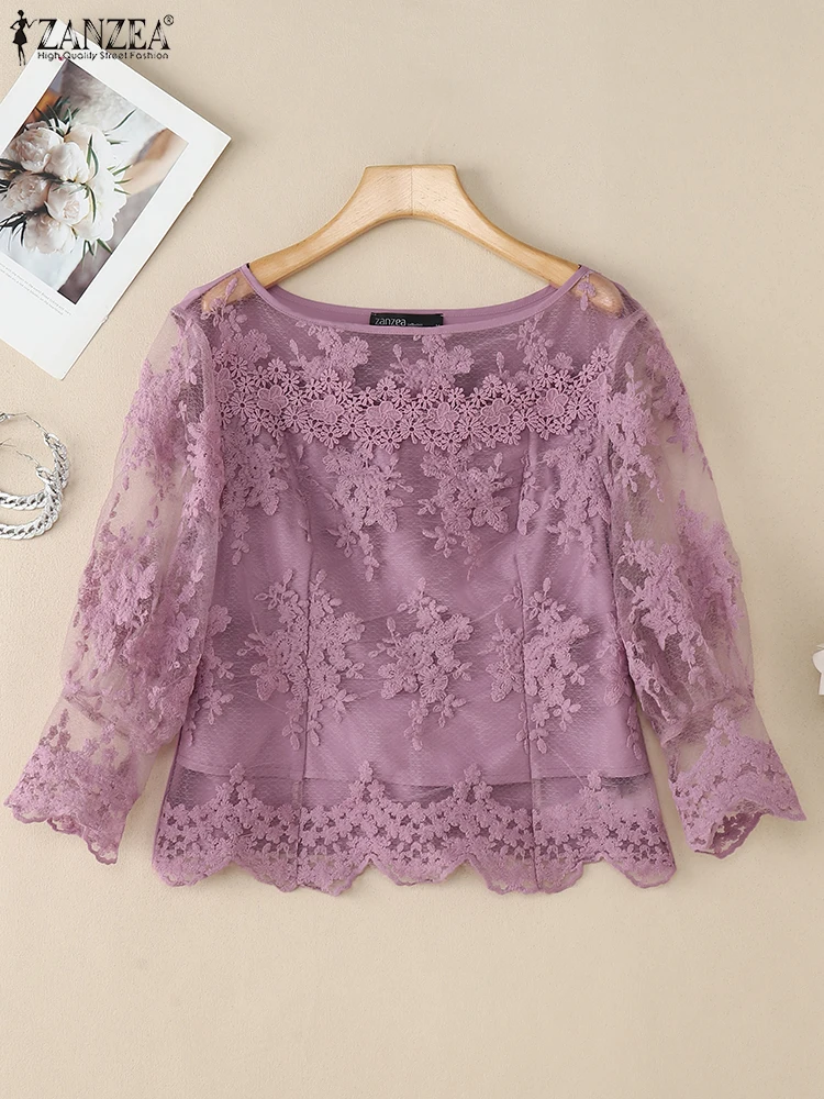 ZANZEA Autunno Elegante Camicetta da donna Maglia Patchwork Camicie See-through Casual Top 2025 Manica a lanterna Pizzo Office Lady OL Blusas