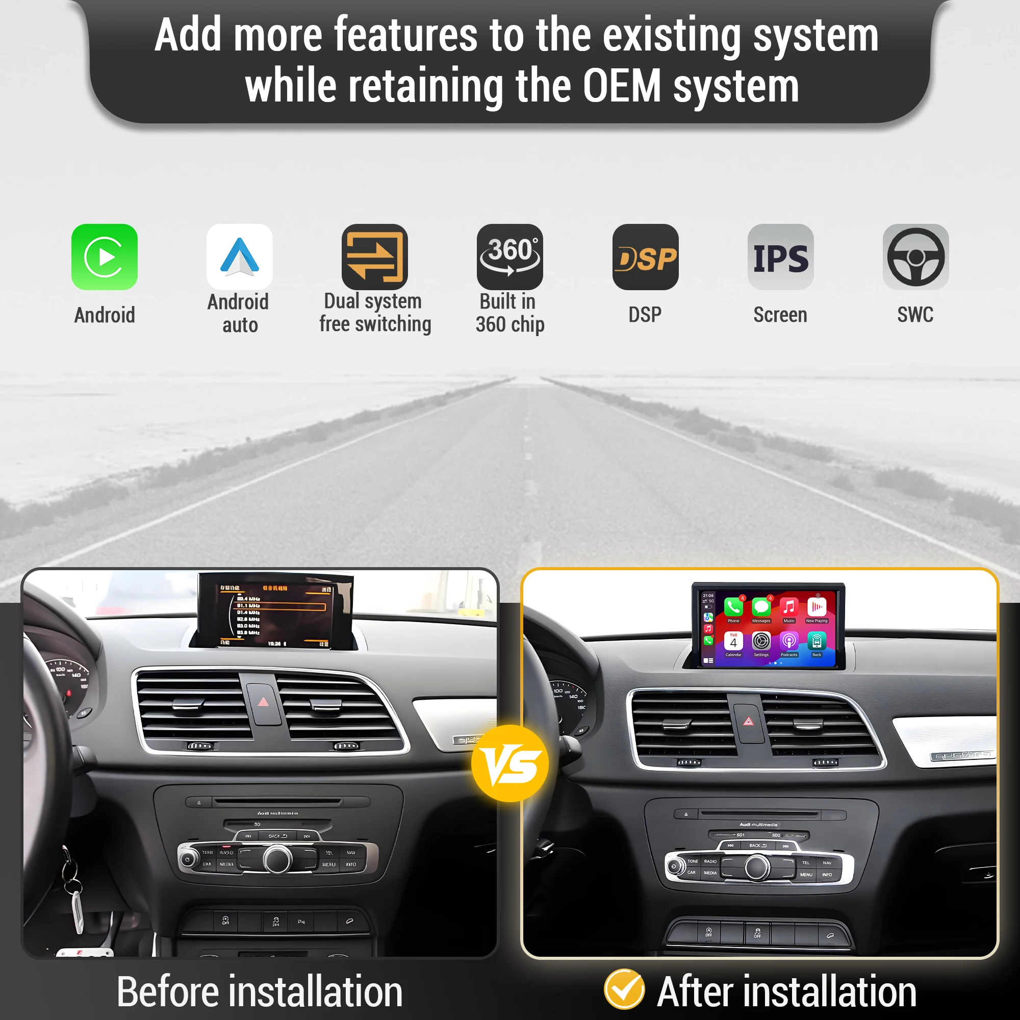 8 inch Android 14 For Audi Q3 2012-2018 Wireless Bluetooth Carplay Head Unit Qualcomm Snapdragon 680 Touch Screen Stereo System