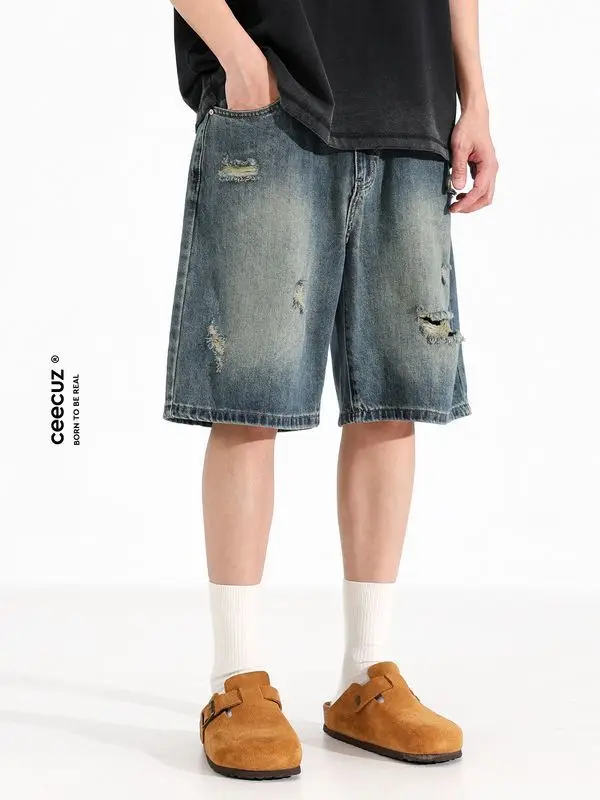 リップドアンティークストレートレッグデニムショートパンツメンズ夏新アメリカントレンディルーズワイドレッグ5点パンツ