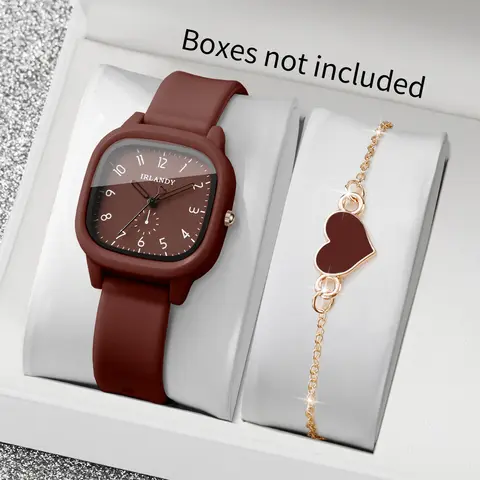 2PCS Fashion Arabic Dial Women Quartz Watch Heart Bracelet Set Square Silicone Strap Wristwatches Reloj Mujer (Without Box)