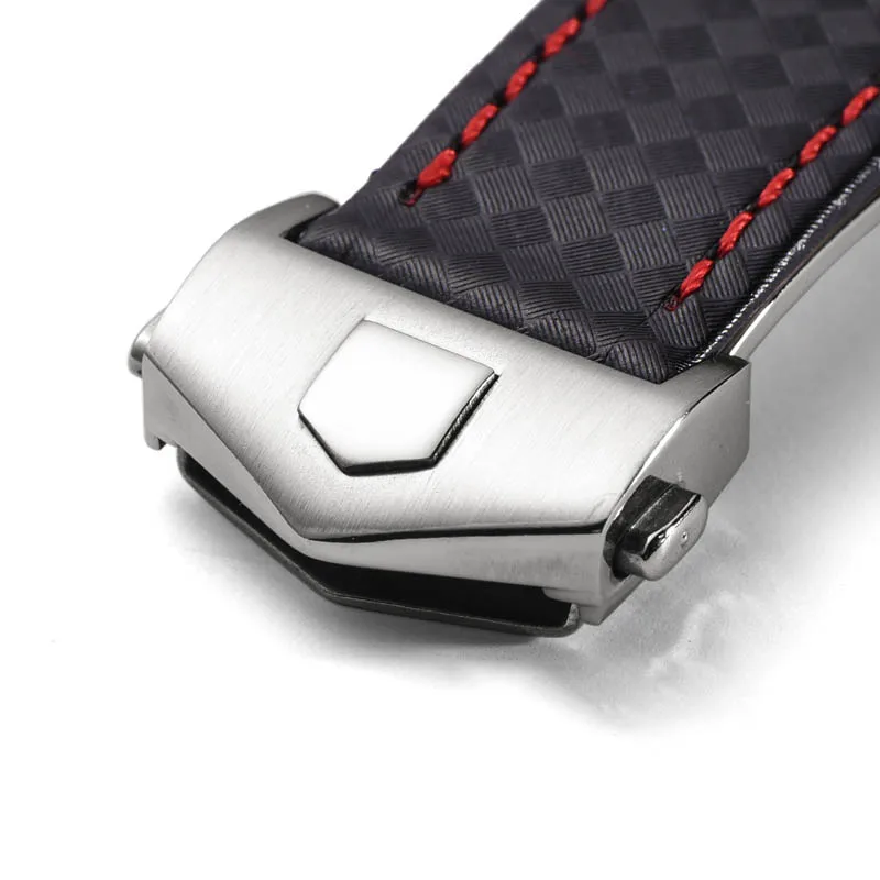 Carbon fiber texture genuine leather bottom watchband For Tag-heuer men's black with red line strap 20 22mm with folding buckle