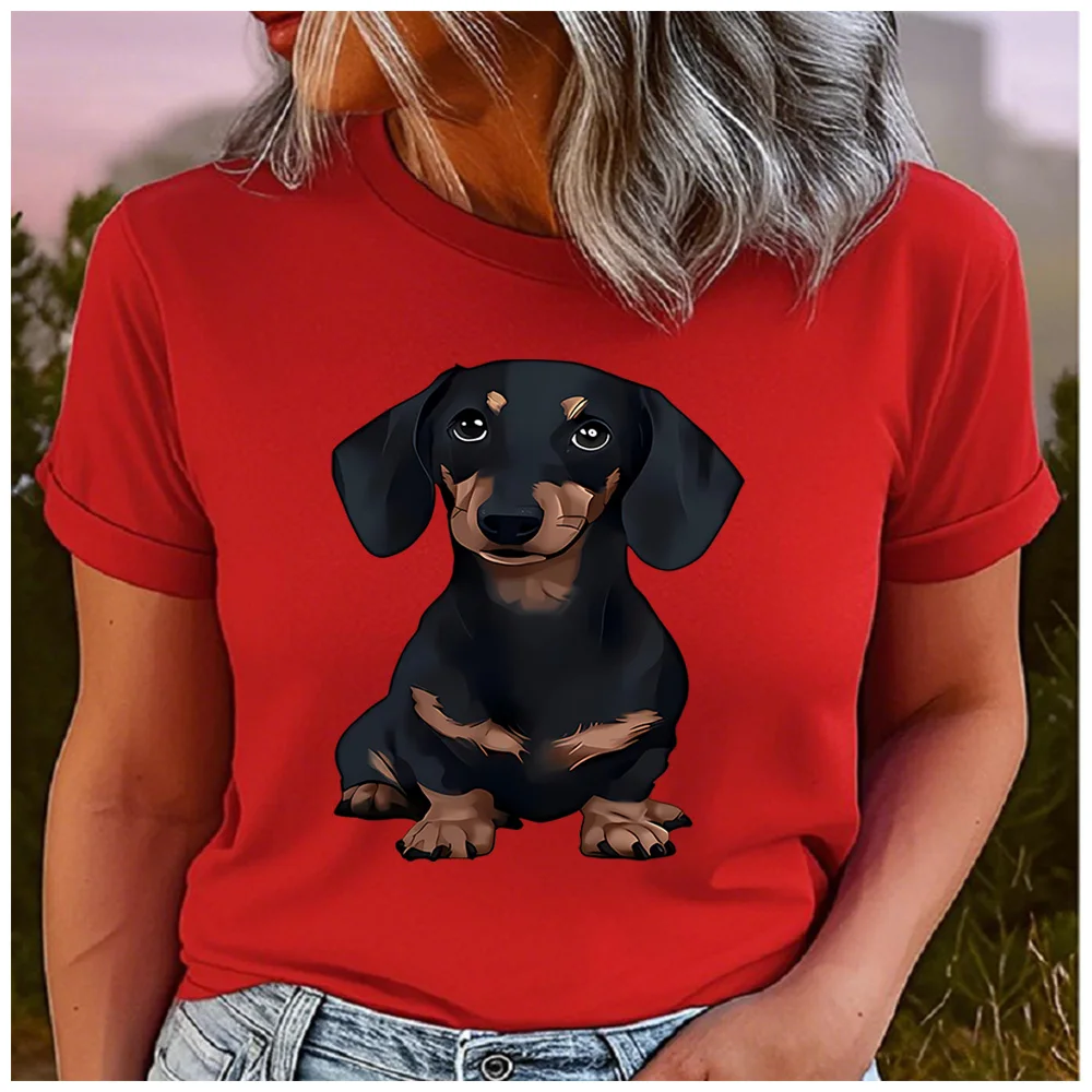 Cotton 100% Cute Sitting Black Tan Dachshund Graphic T-shirt Women Lovely Wiener Puppy Casual Summer Dog Lover Short Sleeve Tee