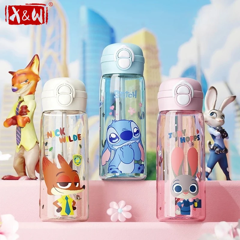 X&W 500ML Disney Wasserflasche aus PP-Material mit Strohhalm und Deckel, Cartoon-Trinkbecher für Zuhause, tragbare Kinderbecher, Trinkbecher für das Büro