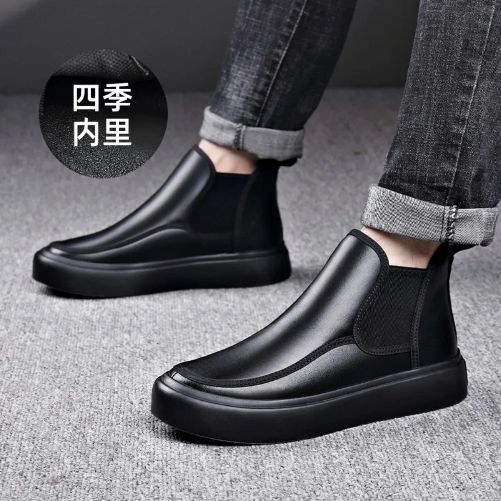 Dermis Mens Boots Man Shoes Autumn Winter Men\'s Shoes Warm Thick Sole High Top Cowhide Non Slip Chelsea Boots Botas Hombre Piel