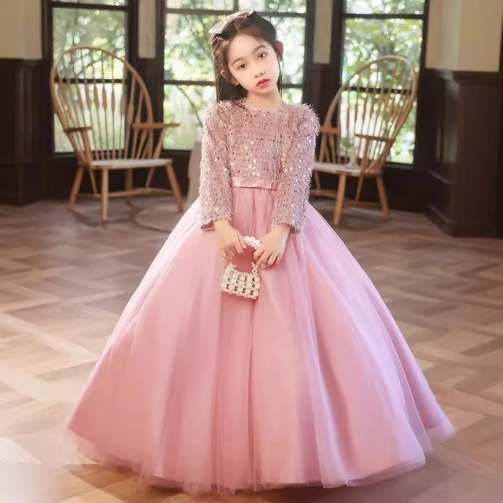 

It's Yiiya Customized Flower Gilr Dress Modest O-neck Pink Sequins Full Sleeves Princess Floor Length Tulle Bow Kids Gown T097