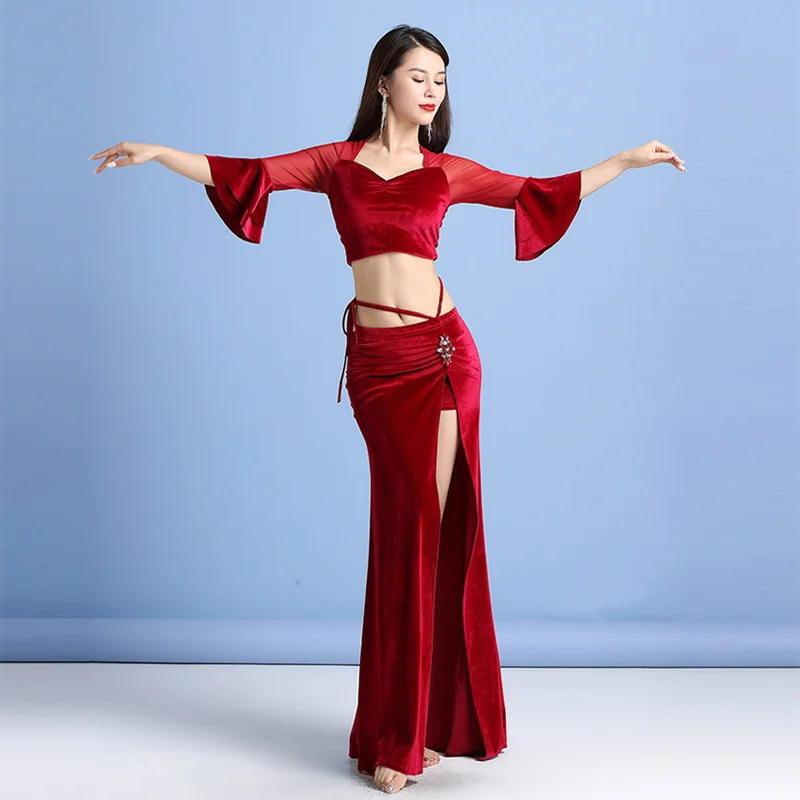 

Hot Selling Belly Dance Costume Women Daily Practice Dancing Suit Black Tops Red High Split Skirt TV Performance Sets