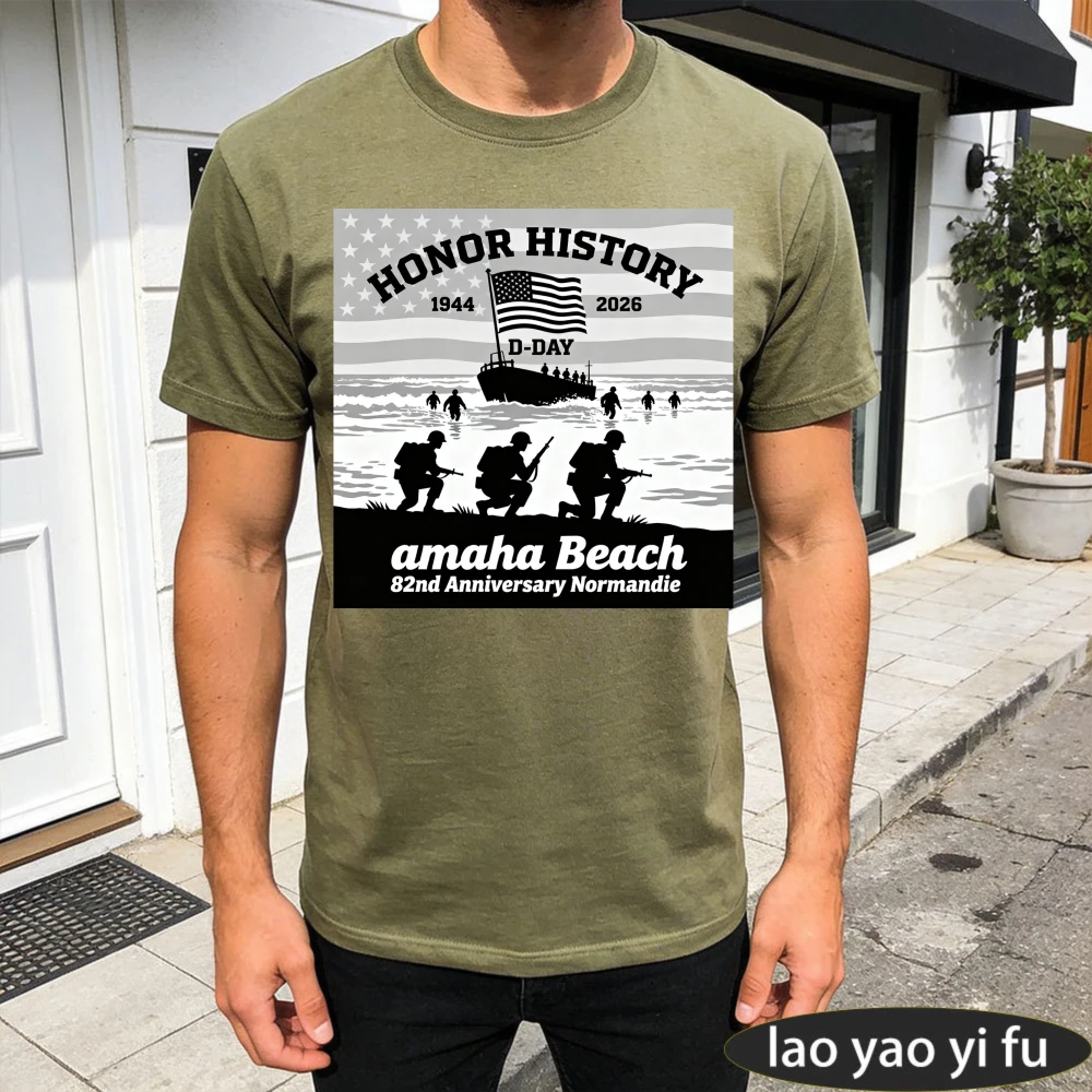 Men D-Day Omaha Beach 82nd Anniversary Normandie T-Shirt 1944-2026 Honor History Patriotic US Flag Print Short Sleeve Casual Tee view 6