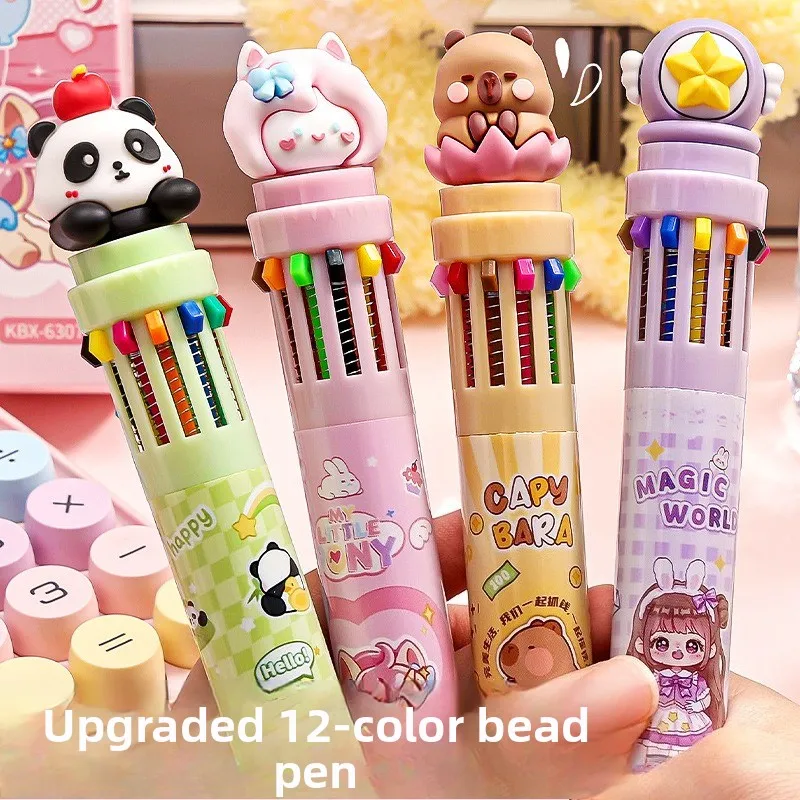 

12 Pcs Cartoon Cute Family Ten-color Ballpoint Pen Multi-color Press Pen High Value Modeling Color school Stationery
