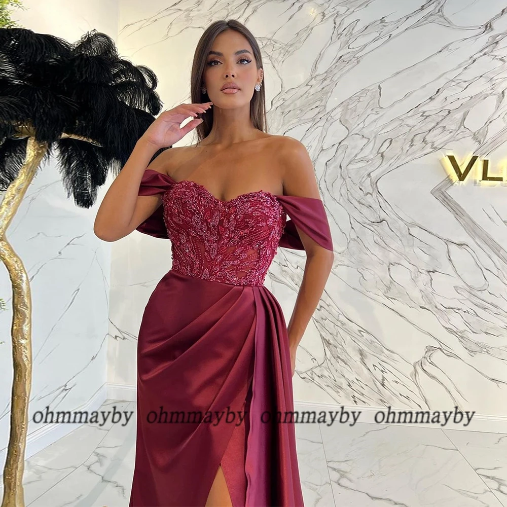 Weilinsha Burgundy Sweetheart ปิดไหล่ชุดราตรี2023จีบลูกปัดฤดูร้อนชุดราตรีสำหรับสุภาพสตรีไม่สมมาตร Vestido De