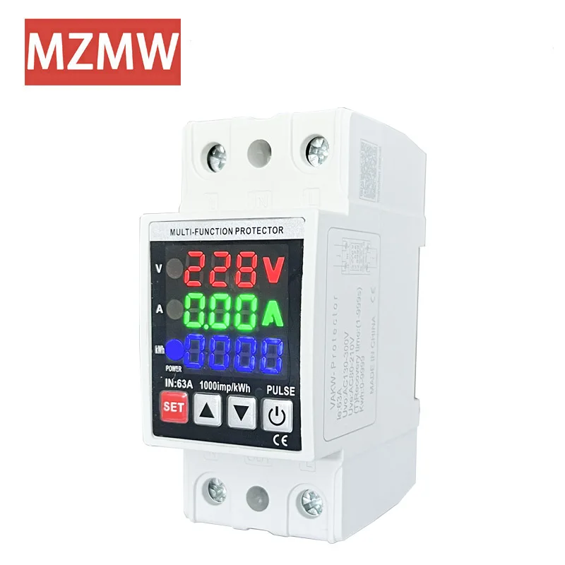 3IN1 Display Voltage Breaker 40A Adjustable Din Rail 230V 110V Over and Under Voltage Protector KWh Watt Metering Monitor Relay