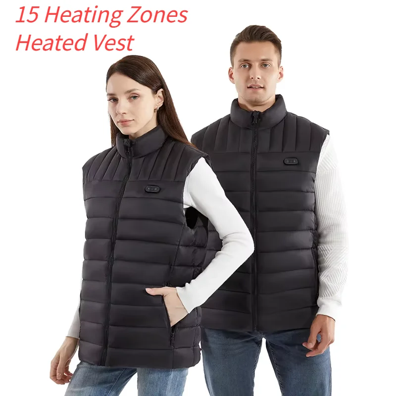 15 Heating Zones Men Heated Vest, Winter Thermal Sleeveless Jacket for Outdoor Camping Fishing Skiing Warm Waistcoat