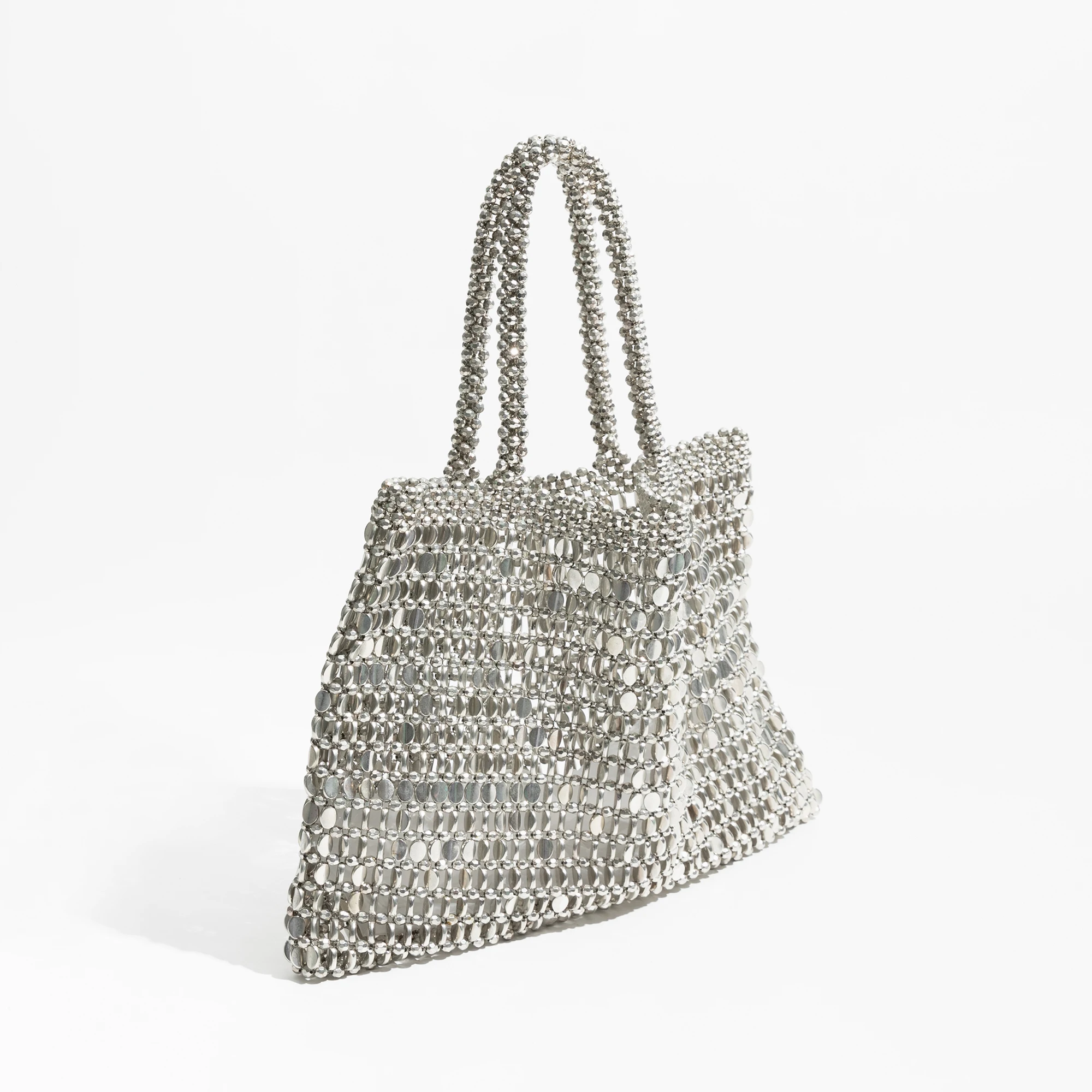 MABULA Silver Beadded Woven Tote Bag Sparkling Sequins Big Square Evening Purse Fashion Crossbody Handbag