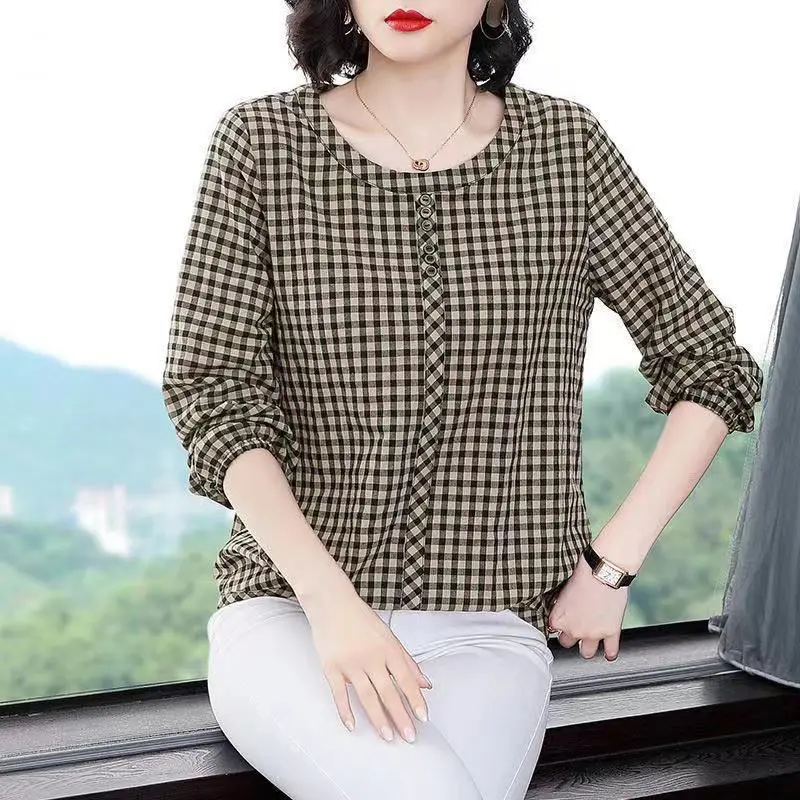 Women Autumn Long Sleeve Plaid Cotton Blouse Vintage Loose Female Round Neck Shirts Casual Street Lady Korean Oversized Top 2022