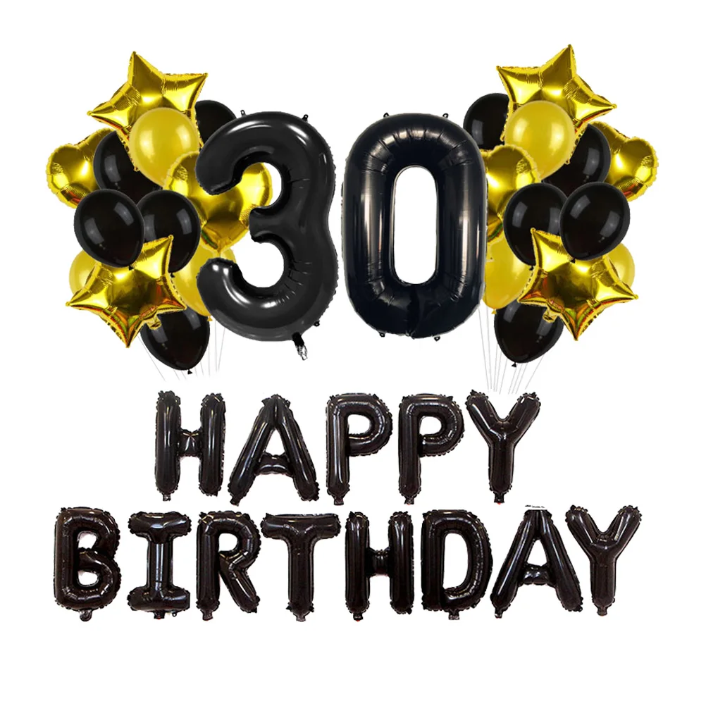 

43 pcs Birthday Party Decorations Black Golden Balloons Set For 30Th Celebration Aluminum Film Round Star Balloons Wedding