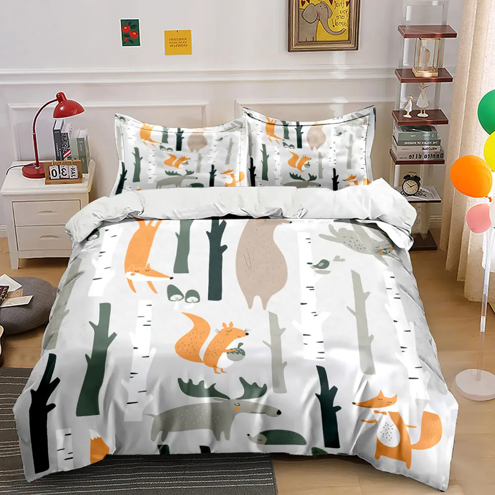 Forest animals with birch tree background Duvet Cover Set with 3D Printing Design Soft Polyester Bedding Set All-Season Comfort