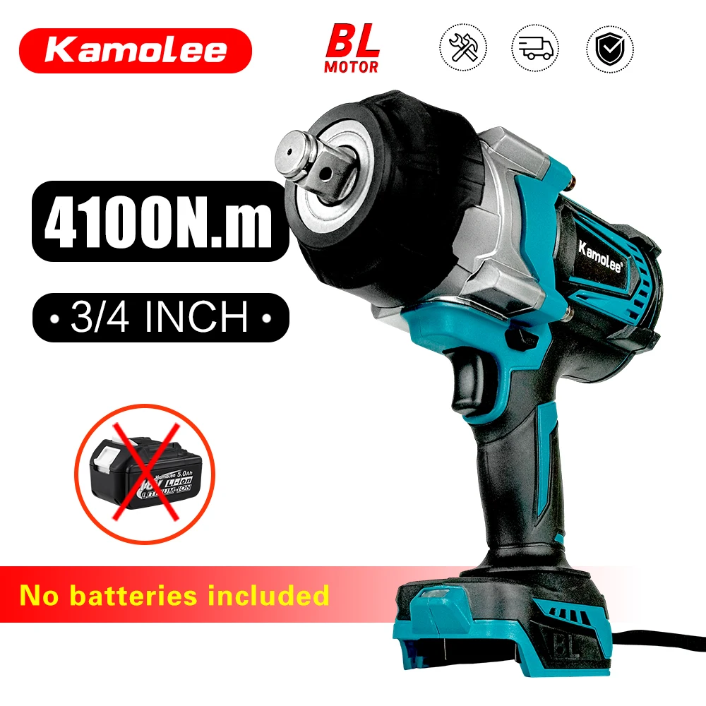 Kamolee 4100NM Brushless Electric Wrench 3/4 Inch Cordless Impact Wrench Handheld21V Battery Wrench Electric Vehicle Repair Tool