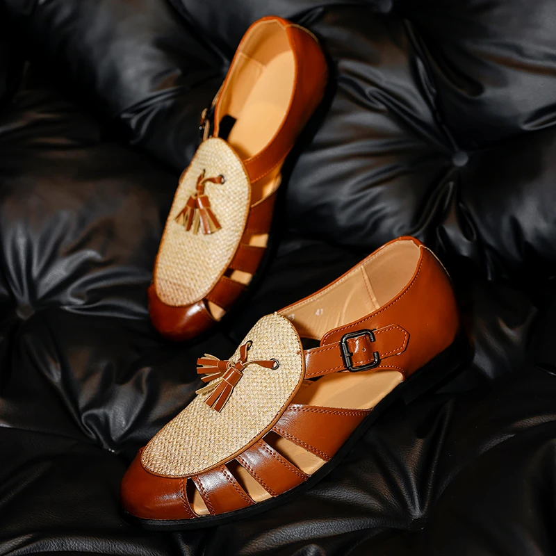 Herren-Retro-Sandalen mit Schnalle und Quastenverzierung, bequem, atmungsaktiv, für Geschäftsreisen, Freizeit-Sandalen, Größen 39–46