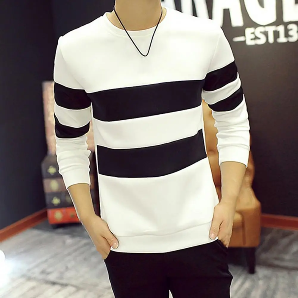 Men Patchwork Striped Color Casual Sweatshirt Crew Neck Long Sleeve Pullover Tops Slim Fit Breathable Tops