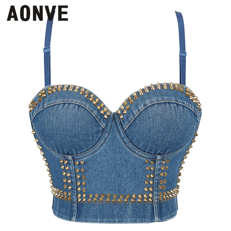 

AONVE Denim Rivets Corset Sexy Bustier Crop Tops Push Up Bra Body Shapewear Women Short Vest Party Club Gothic Clothes Tank Tops