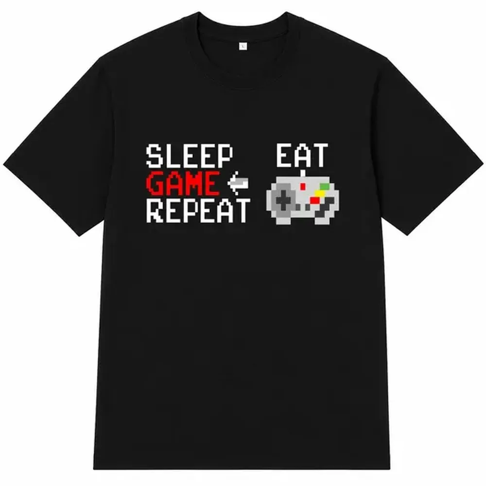 Sleep Eat Game Repeat Gamer T-shirt, Pixel Controller Letter Print Black Shirt for Men, Women, Unisex, Harajuku Streetwear Oversized Graphic Tee Top, Casual Sweet Wear Outfit, Retro Gaming Gift Shirt