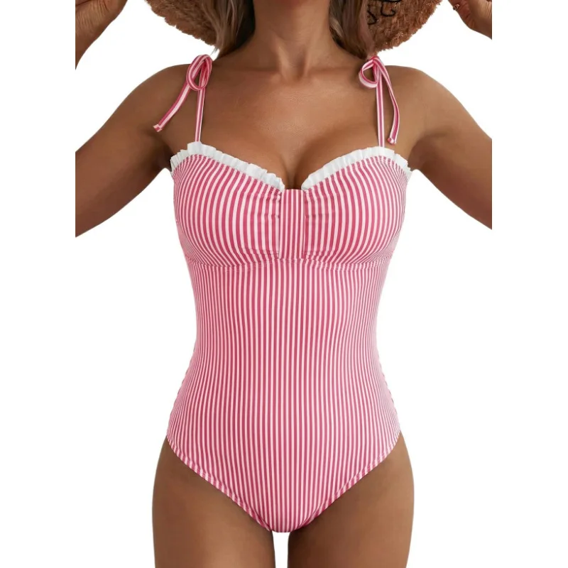 Women One Piece Suits Preppy Striped Monokini Ruffle Scallop Bikinis Shoulder Tie Straps Waist Cinched High Cut Cheeky Swimsuit