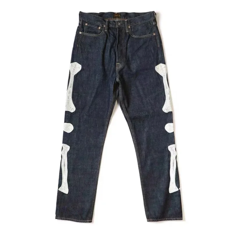 

High Street KAPITAL Embroidered Bone Pattern Prints Casual Jeans Men Women Casual Fashion Pants Trousers
