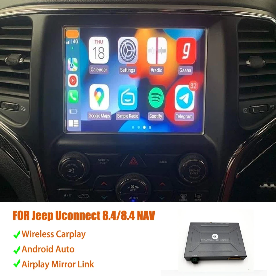 Uconnect 8.4 Radio Upgrade for Apple Wireless CarPlay Android Auto Solution for Jeep Grand Cherokee Wrangler Compass Renegade