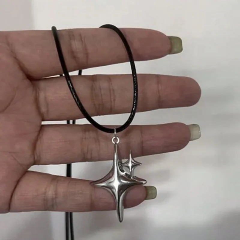 3Pcs Y2K Aesthetic Layered Necklace Set Sun Quadrangle Star Heart Pendant Silver Chain Black Rope Stackable Women's Jewelry