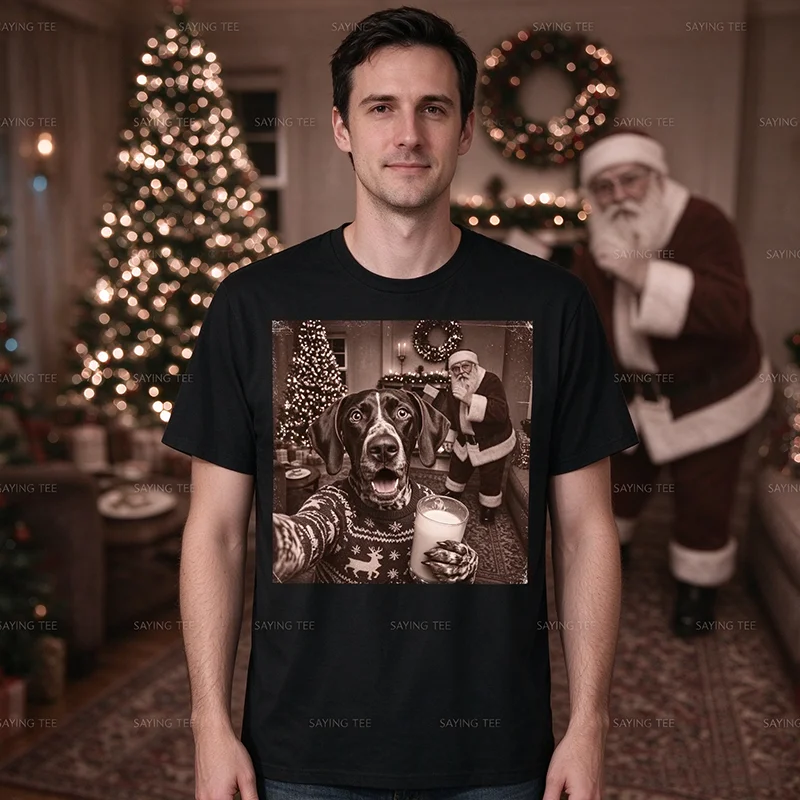 Christmas German Shorthaired Pointer Selfie Santa Design T Shirt Y2k Dog Dad Xmas Costume Graphic Apparel Cotton Aesthetic Tees
