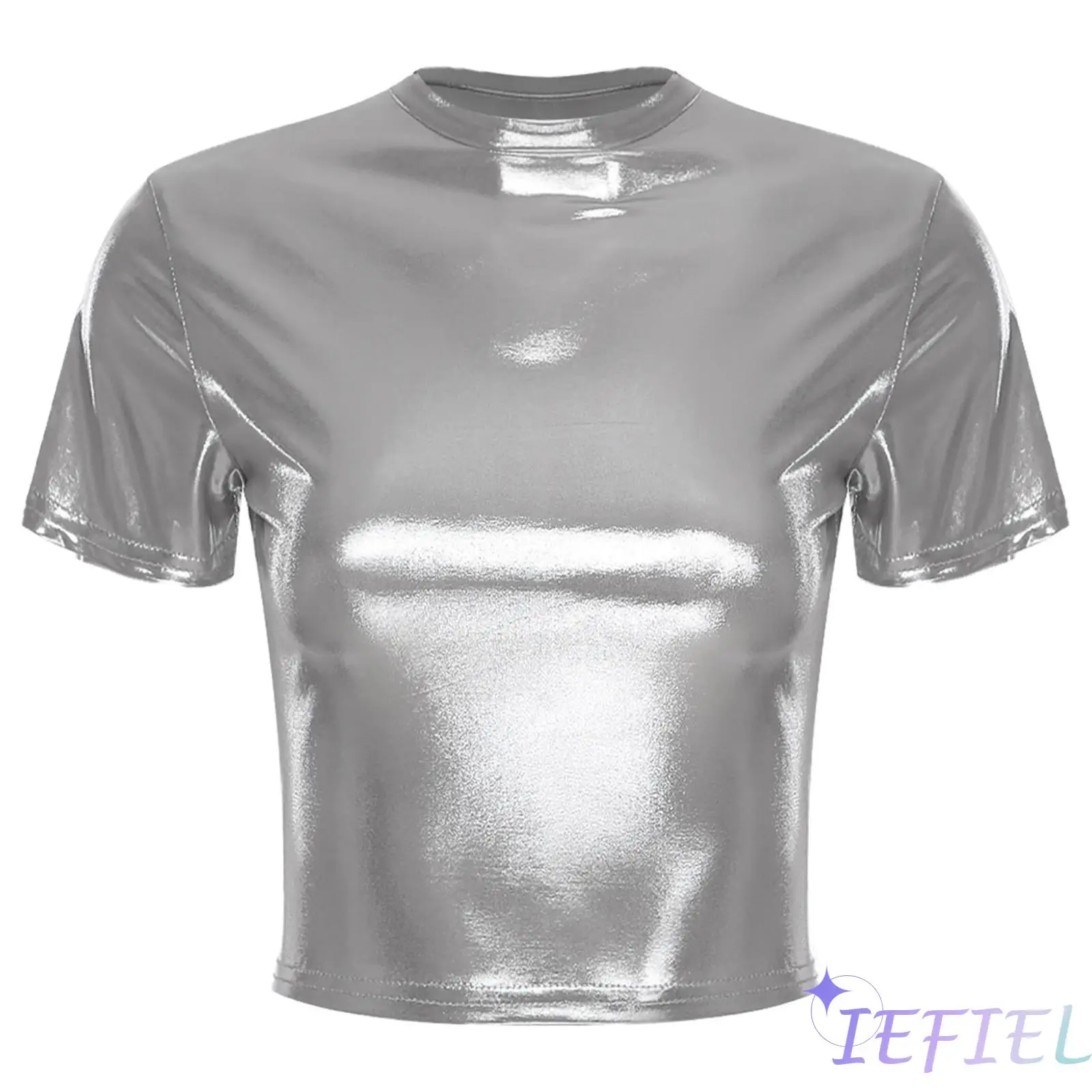 

Womens Metallic Shiny Cropped T-shirt Round Neck Short Sleeve Slim Blouse Top for Street Dance Hiphop Jazz Stage Show Dancewear