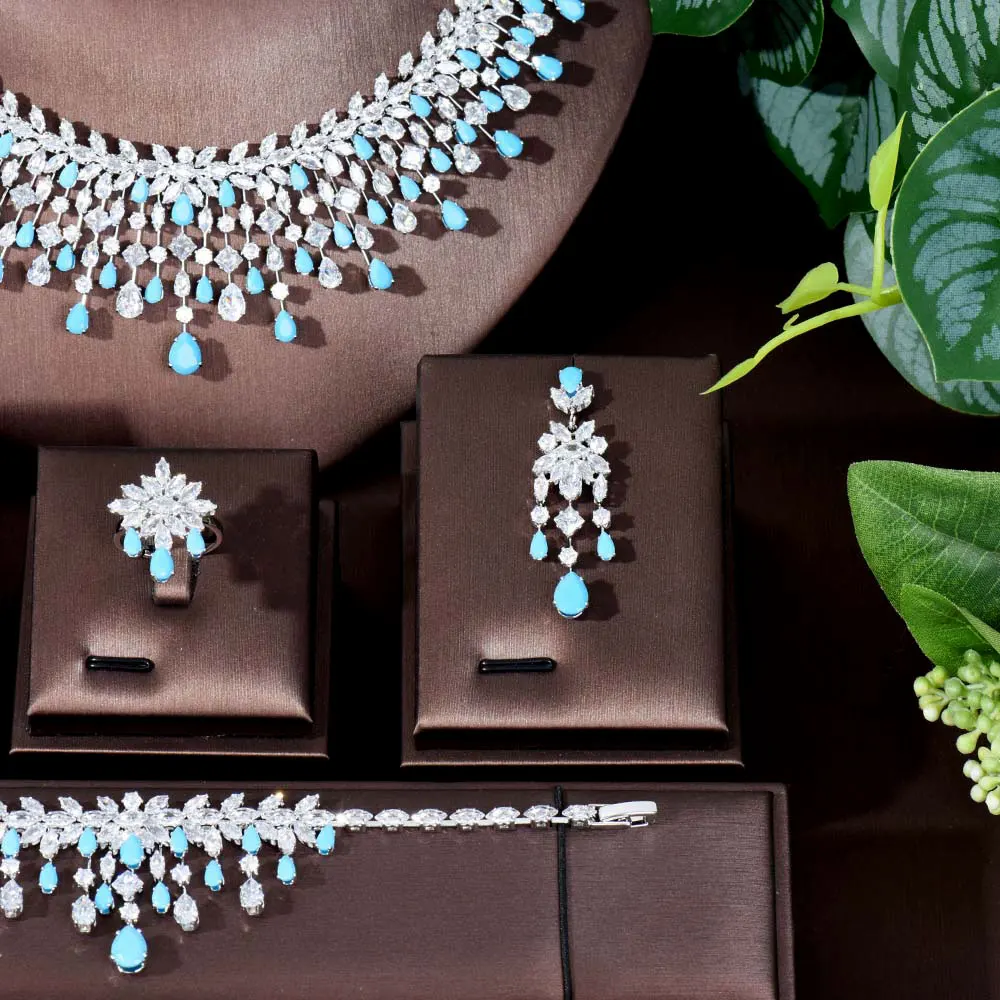 HIBRIDE Hot sale Dubai jewellery women's set bridal party dress sky blue accessories exaggerated necklace earrings pendant S-458 - Image 3