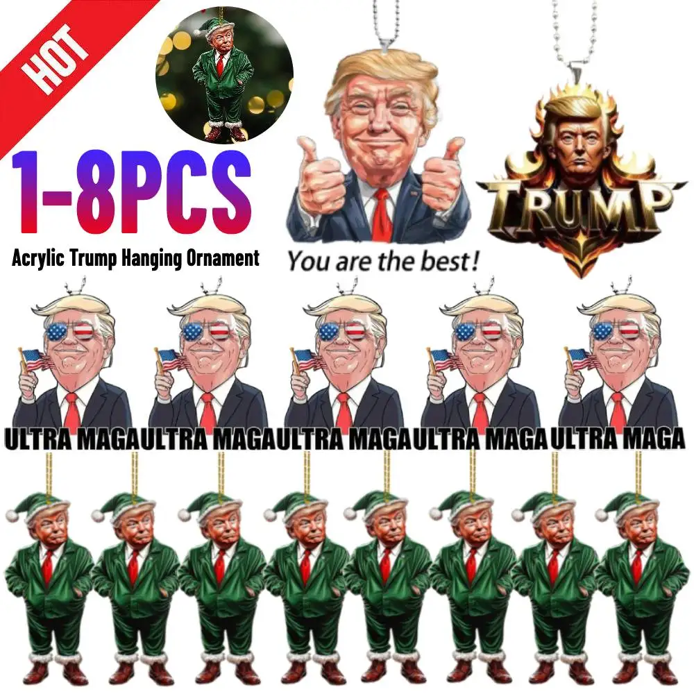 1-8PCS Acrylic Trump Ornaments Funny Donald Trump Pendant Keychains Gifts Xmas Tree Hanging Pendants Props Christmas Decorations