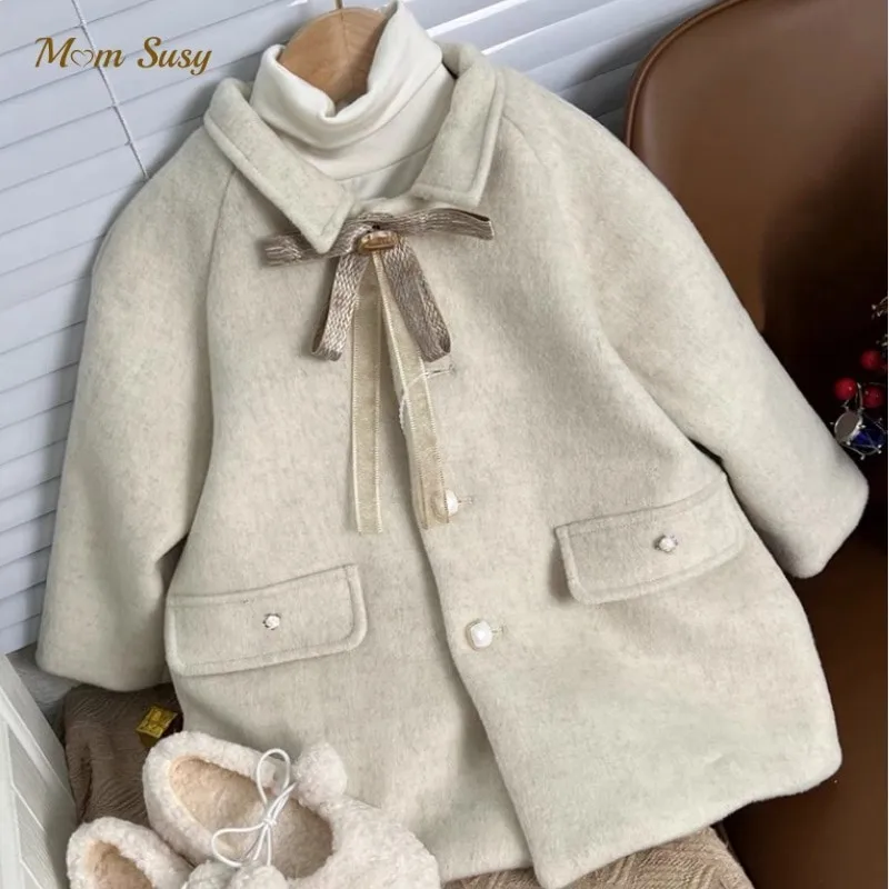 Baby Girl Woolen Bow Tie Jacket Long Pearl Button Warm Infant Toddle Lapel Coat Spring Autumn Winter Baby Outwear Clothes 1-10Y