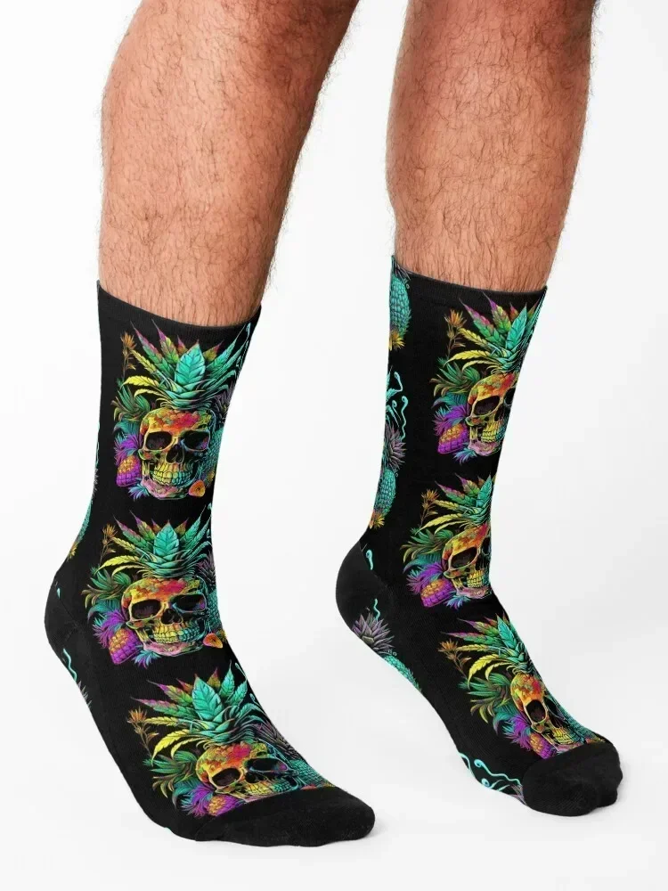 Trippy Tropical Pineapple Skull Retro Art Socks Christmas cotton summer hip hop Socks Man Women's