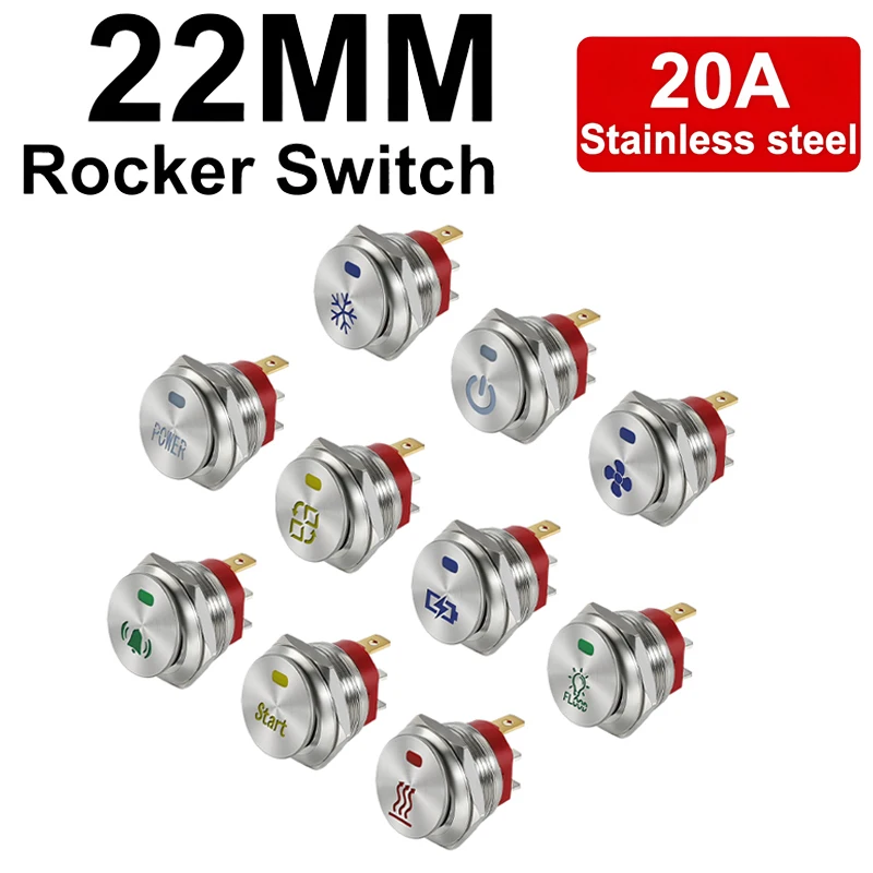 22mm Customized Metal Toggle Rocker Switch 12V 20A stainless steel button switch 220V 15A ON-OFF suitable for cars and ships