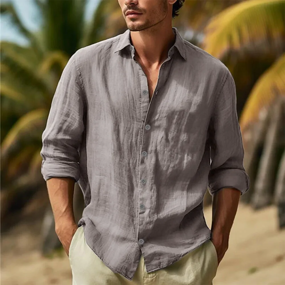 Men's Cotton Linen Shirts Turn Down Collar Solid Hawaiian Shirt Lightweight Breathable Black Shirt Casual Large Size Streetwear