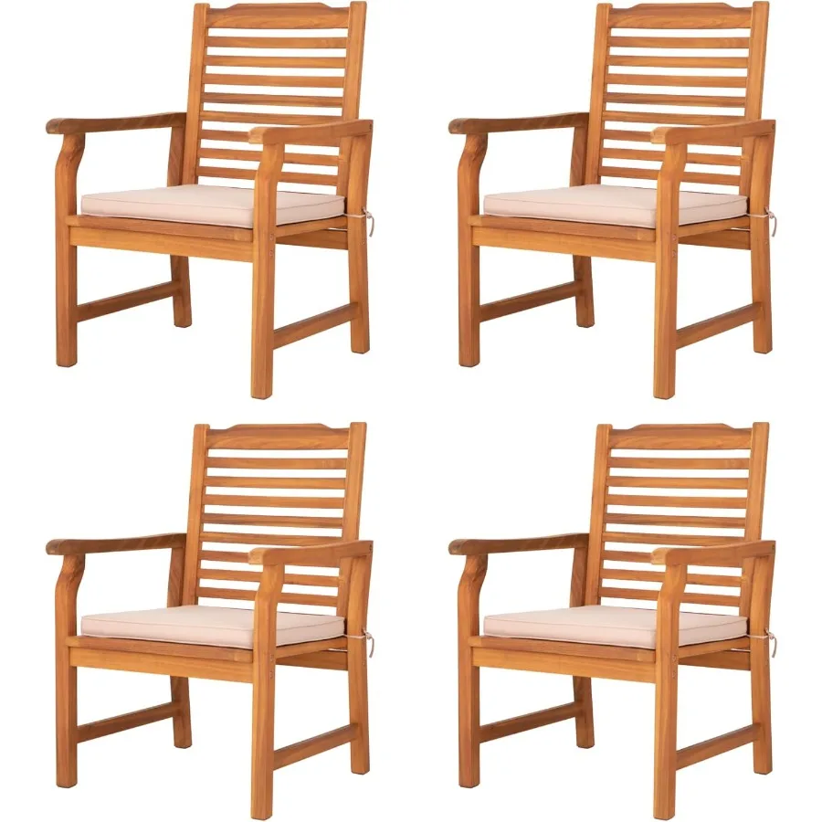 

4 Pieces Acacia Wood Outdoor Dining Chairs with Cushions Patio Wooden Armchairs Set of 4 Natural Teak Dining Chairs for Deck Ya