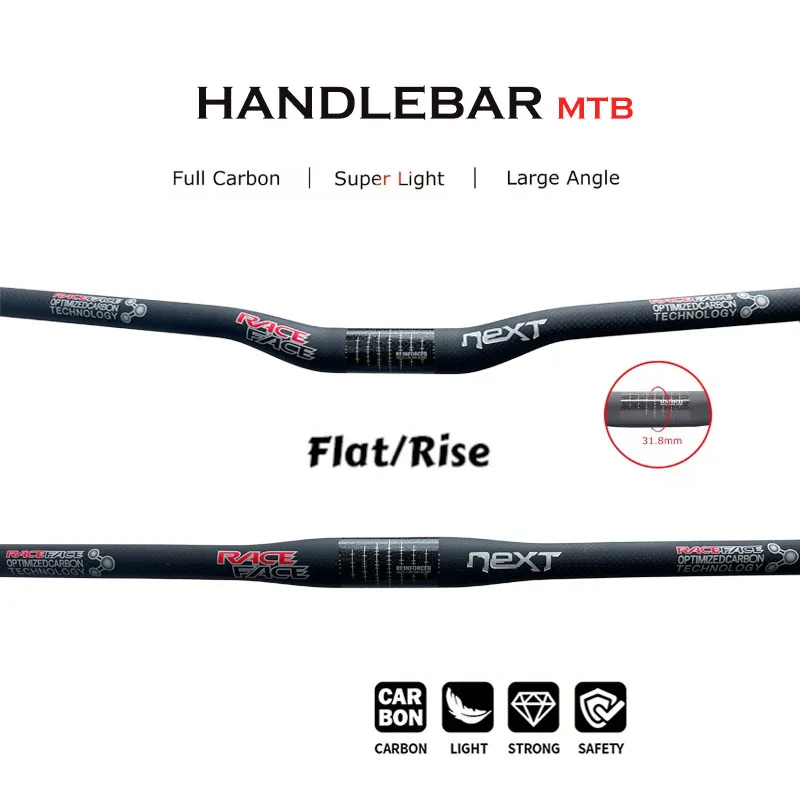 Race Face Next 3K Matte Carbon Handlebar Mountain Bike Flat/Rise Bicycle Bar Sizes 600-760mm 31.8mm Clamp Diameter
