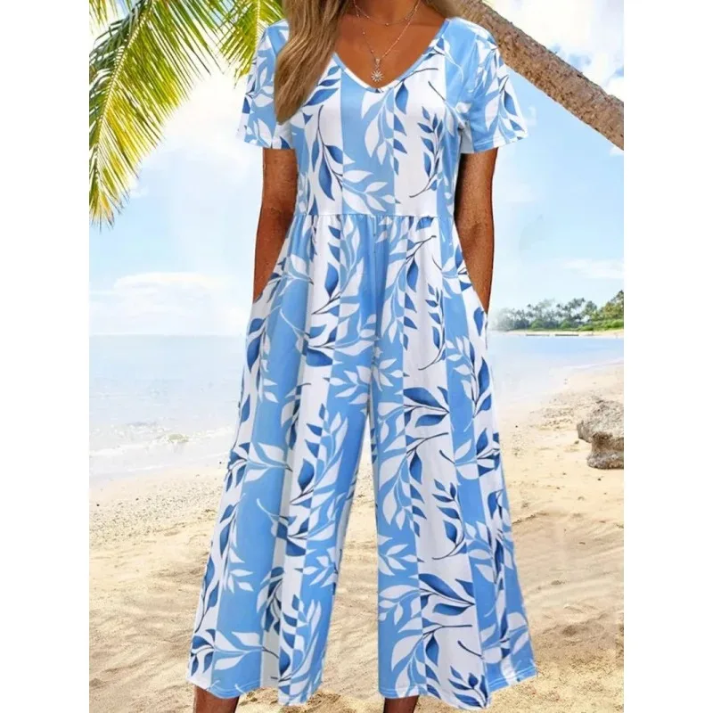 

Elegan V-neck High Waist Jumpsuit Women's Fashion Pattern Print Loose Long Romper Causal short SleeveWide Leg Playsuit Women