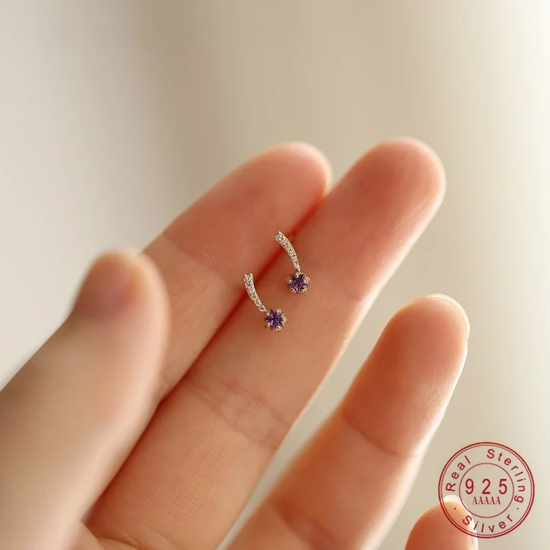 925 Sterling Silver Electroplated 14K Gold Purple Zircon Star Earrings for Women Korean Cute Jewelry Design