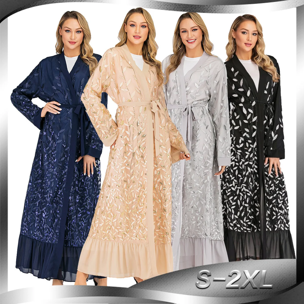 

Fashionable new women's dress lace temperament cardigan leaf embroidery Muslim Sequin gown 1711