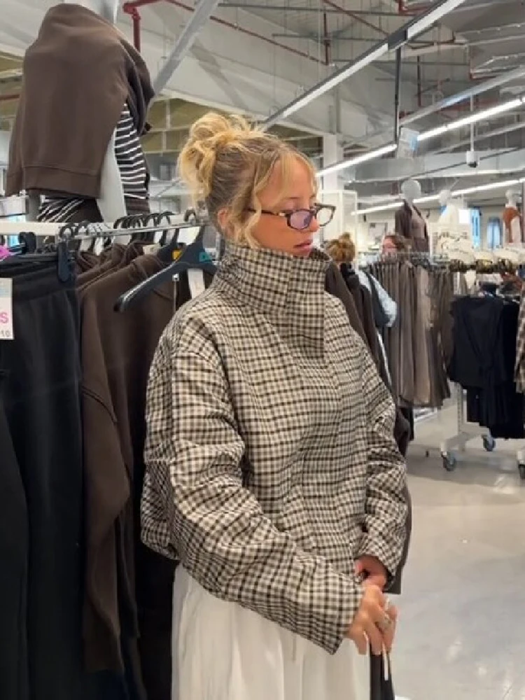 Damen Karierter Stehkragen Kurzjacke mit Reißverschluss, Druckknöpfen, Kordelzug am Saum, Oversized Langarm-Mantel, Schicke Casual Alltags-Oberbekleidung – Detail 4