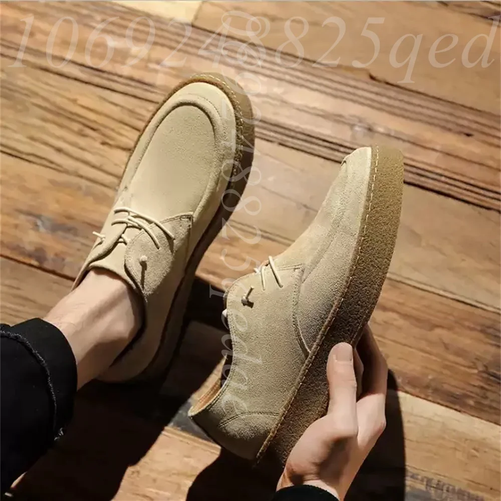 Men's Suede Lace-Up Casual Shoes, Round Toe, Thick Crepe Sole, Low-Top Design, Matte Soft Upper, Footwear in Brown & Beige