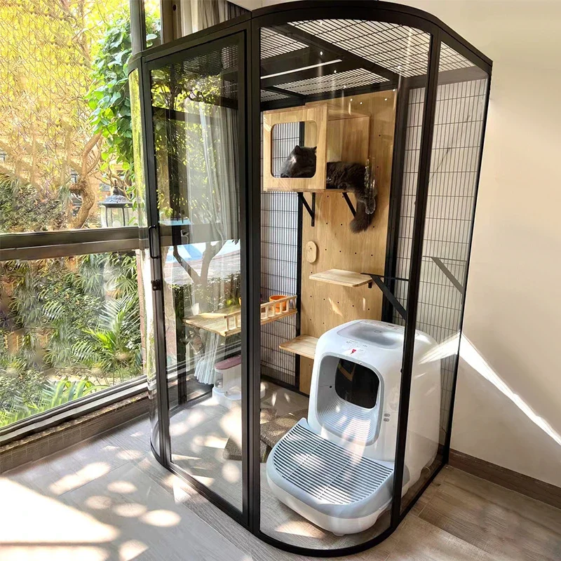 Luxury panoramic glass cat villa, large free space, fully automatic cat litter box cat cage