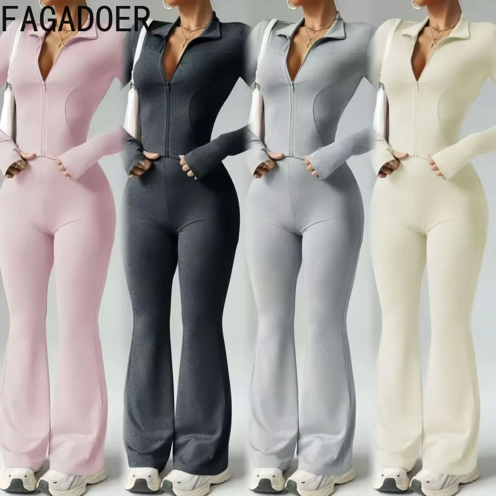 

FAGADOER Casual Sports 2 Pieces Set for Woman Outfit Solid Color Long Sleeves Crop Top + Skiny Pants Female Streetwear Clothing