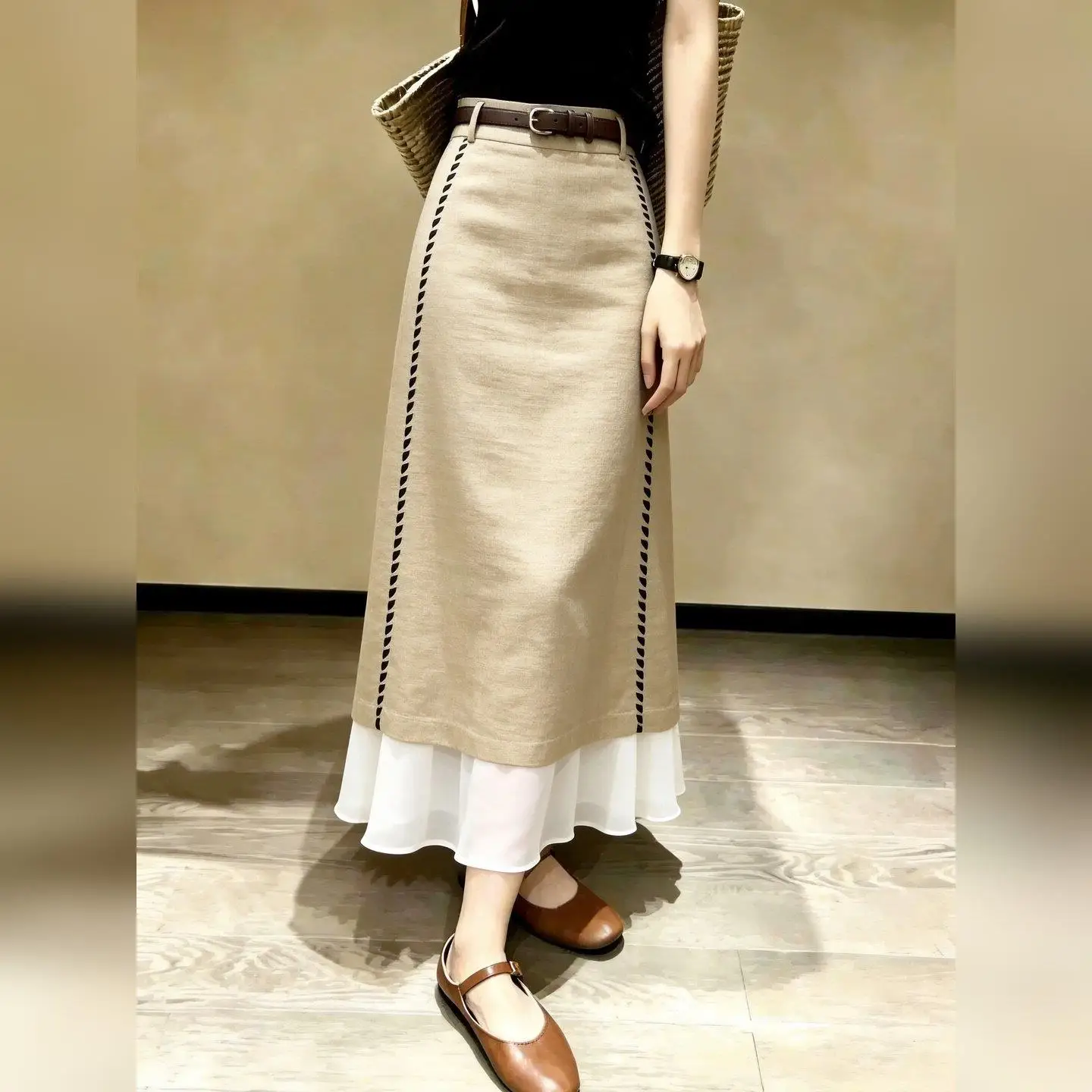 Korean Style High Waist Patchwork Half Skirt Women's Fashionable Versatile Long Skirt Commuter Style Summer New Arrival