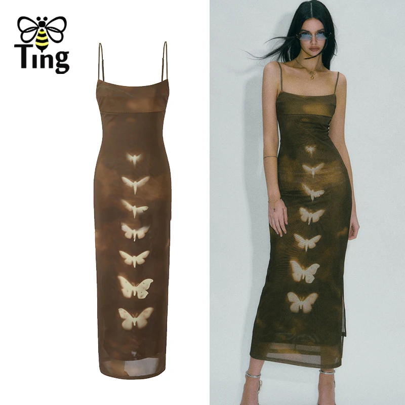 Tingfly Designer Fashion Butterfly Women Summer Sexy Bodycon Fitness Slim Midi Long Club Night Dresses Goblincore Y2K Dress