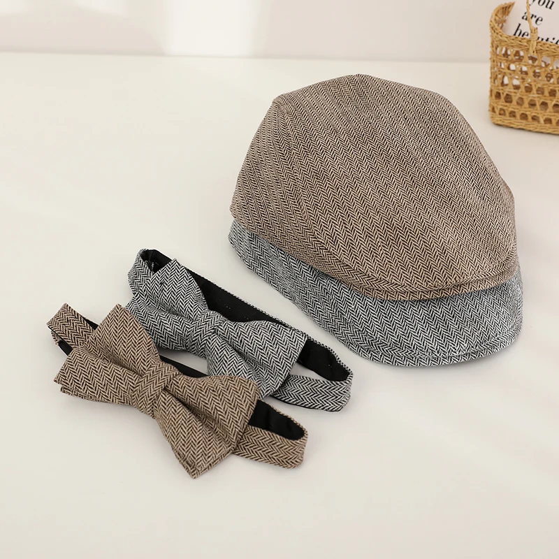 2Pcs Baby Beret Hat Bow Tie Set Kids Cap for Boys Girls Autumn Spring Children Cap Vintage Infant Toddler Hats 1-3Y